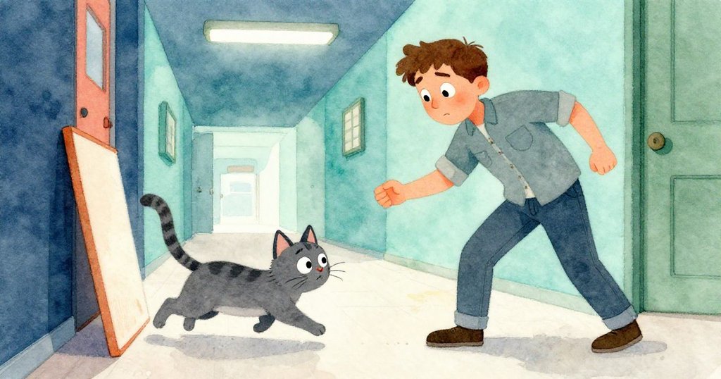 驚嚇中小灰貓奔向走廊尾巴優雅拱起，格蘭特迅速轉身用板阻路，動態互動場景緊湊。