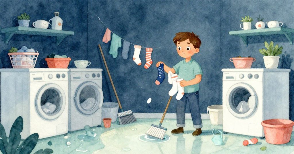 風暴過後格蘭特拾起掉落襪子覆於掃把柄上，整個洗衣房散落物件映著柔光顯現寧靜溫馨。