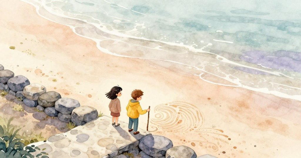 蘇琪站在石階上望向潮間帶，晨光映照下埃瑞克用樹枝在沙上細緻描繪，展示開篇柔和景致。