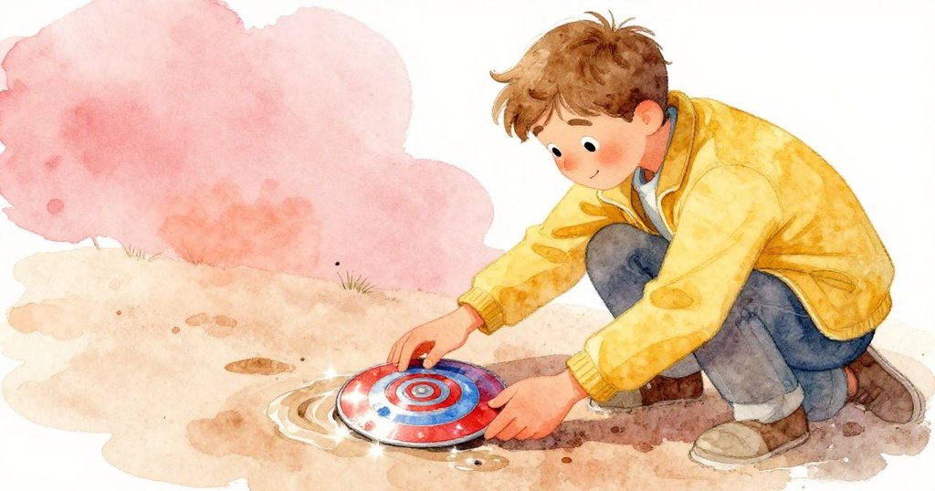 埃瑞克專注地將發光金屬盤安放於沙紋中央，盤面螺旋狀紅藍交織，散發神秘光芒，呈現關鍵象徵意義。