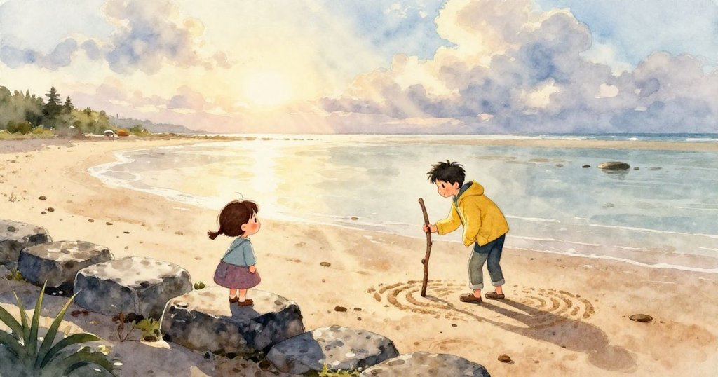 海鷗視角展現潮間帶淺水池中斑斕倒影與細碎貝殼，光與影交錯，呈現自然靈動之美。