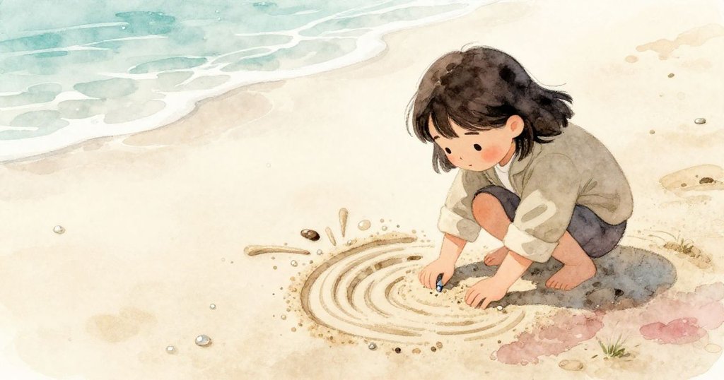 蘇琪小心踩過沙上迷宮，晨露閃爍映襯潮水將至之景，展現冒險與細膩情感。