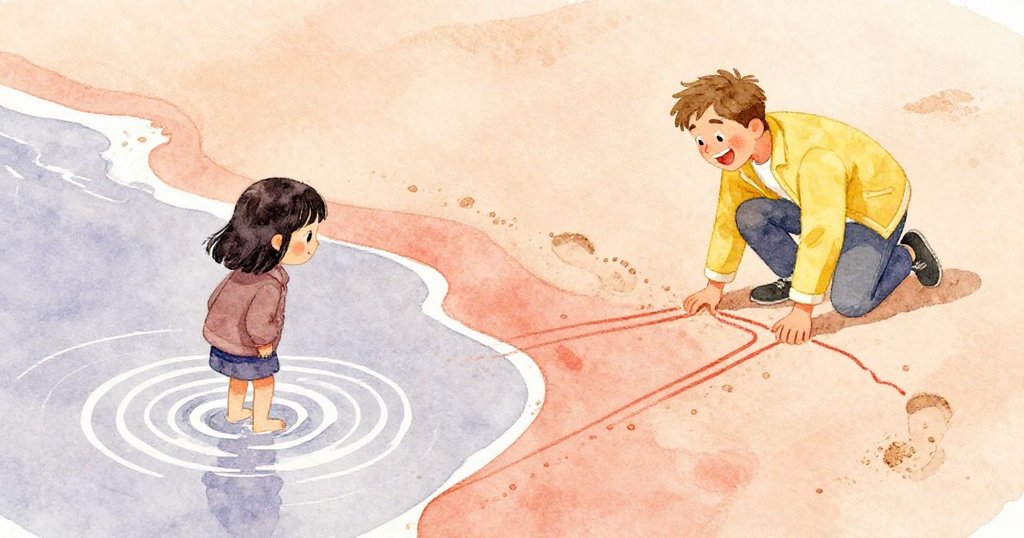 蘇琪停步於新沙曲線上，足跡催生水紋，埃瑞克快樂重繪，動態展現彼此間愉快互動。