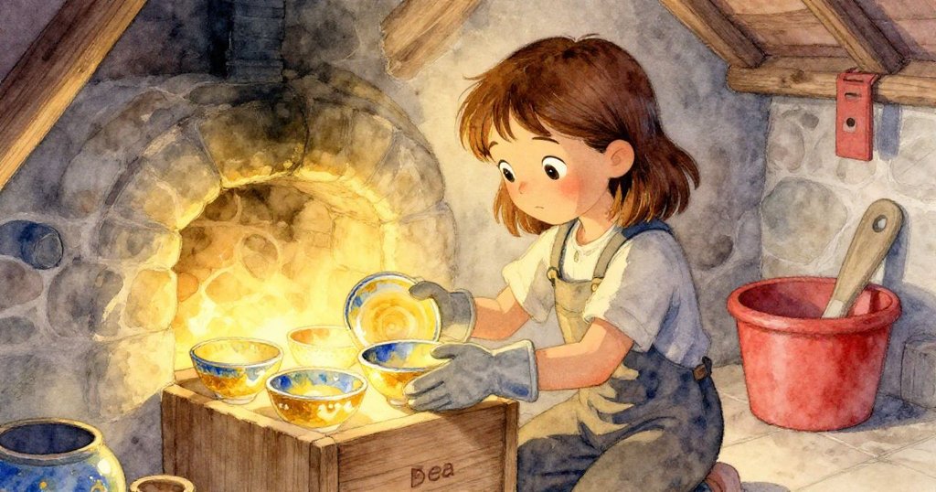 Bea 細心拿起發光瓷碗,木架上陳列的陶器在暖光中展現柔美釉色,臉上流露出探索與溫暖情懷。