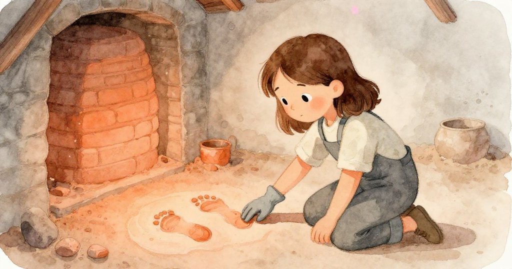 Bea 膝跪在陶塵鋪地上,輕觸帶釉濕足跡,背景中隱約顯現小雕像,神情流露探索與柔情。