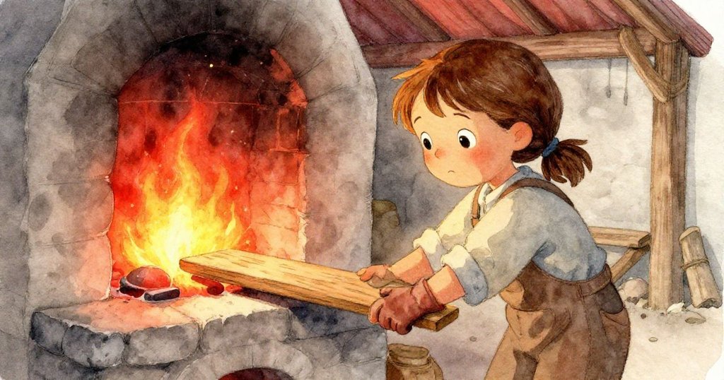 Bea 在窯房火口旁調整細板,溫紅餘燼映襯下神情專注,探索地板曲線與木紋細膩交織的瞬間。