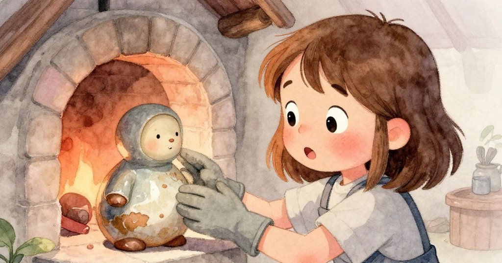 Bea 小心拿起圓雕像,輕觸釉面隱藏細節,臉上露出驚奇之色,溫暖光芒映襯出陶藝的神秘之美。