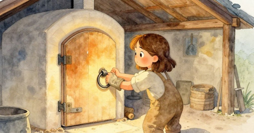 Bea 心滿意足地輕扣窯門,赤手觸碰溫暖鐵環,窯內陶器與光影交融展現出寧靜溫馨的藝術氛圍。