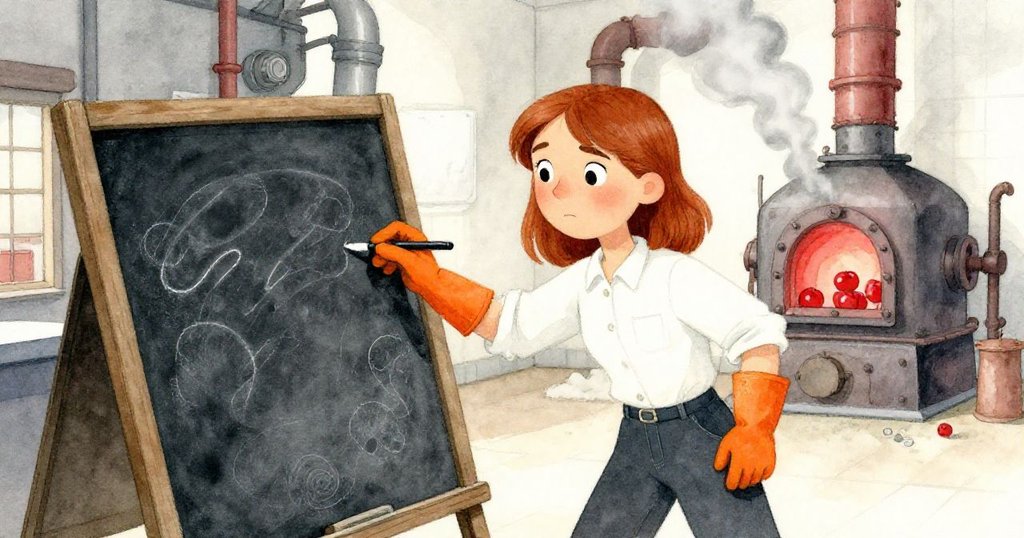 Uma 在工廠內傾斜鏡頭下試用粉筆於黑板上記錄溫度，蒸汽環繞，臉上流露著困惑與堅定。