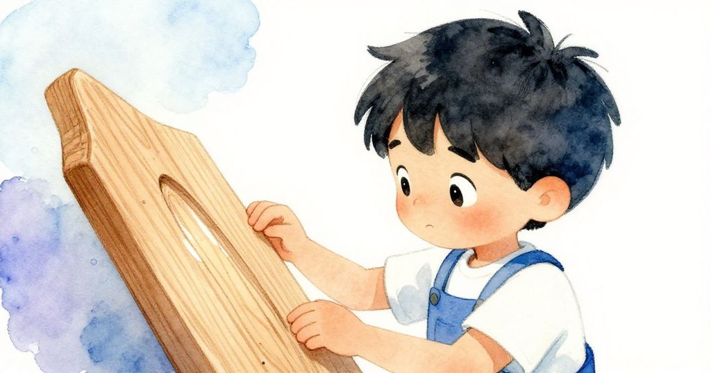 Seth 在斜角鏡頭下將木製樣本旋轉，專注觀察細微紋路，光線透過塵埃窗格，彰顯工廠內的精細工藝。