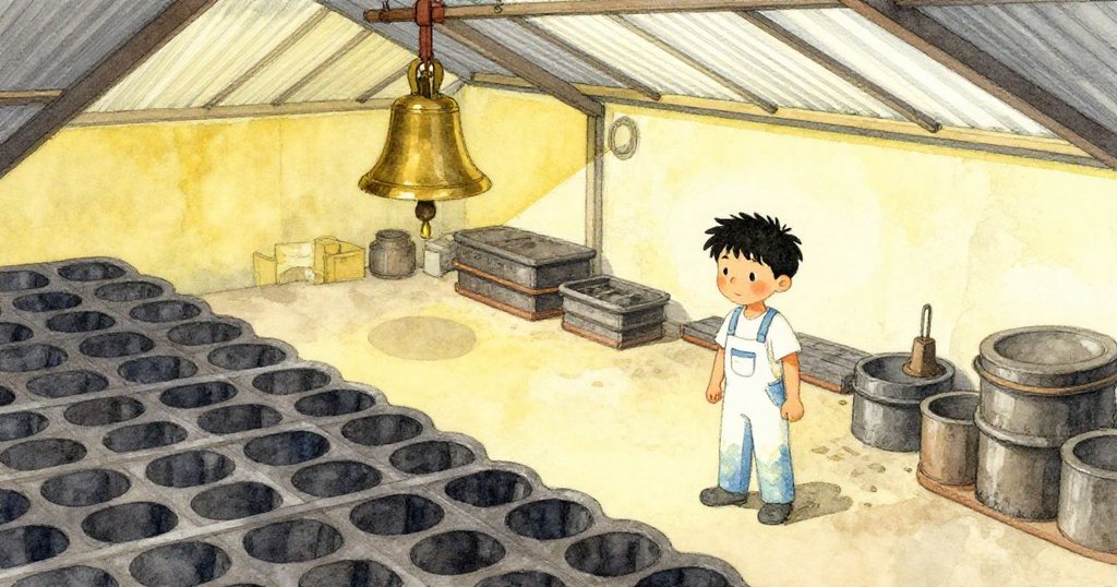 從上方俯瞰工廠院子，展示鑄模堆疊與倒掛銅鐘，Seth 在天窗下演練動作，整體工業景觀分明。