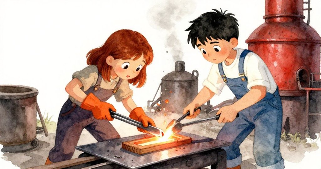 危急時刻，Uma 與 Seth 快速合作，用金屬片和夾子保護木樣，熔融青銅滴落，互動緊張而協作感強。