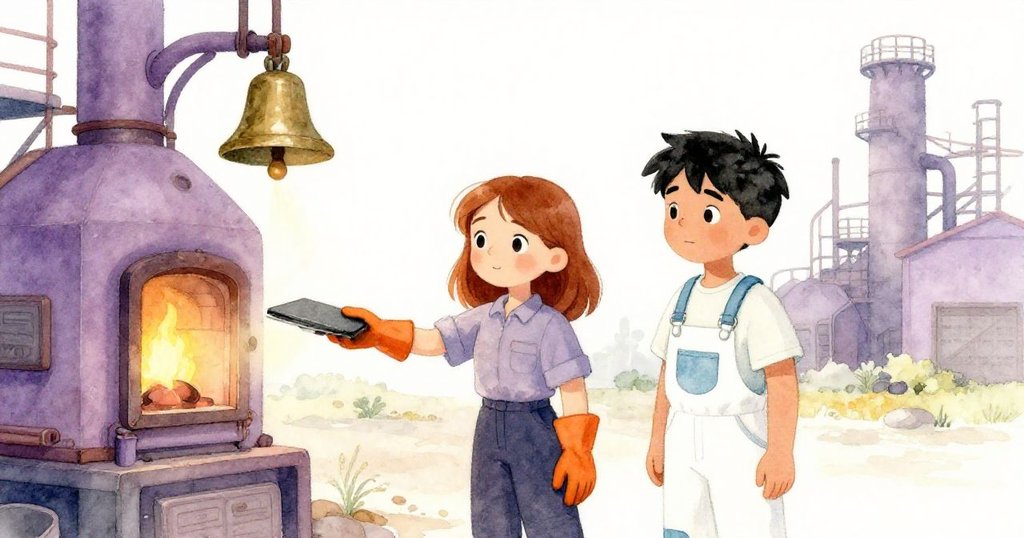 危機過後，Uma 輕放黑板於熔爐旁，Seth 與她同站感受平靜，工廠背景中銅鐘低鳴，呈現寧靜結局。