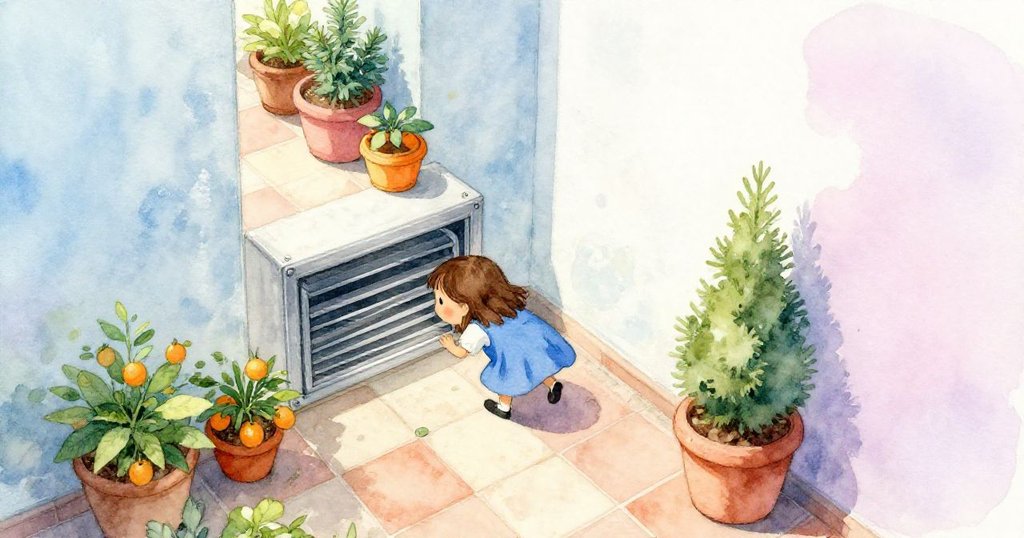 山姆低頭穿越露天平台，背著藍色背包，在柑橘花盆與陶瓦間前行，動作活潑呈現探險起點。