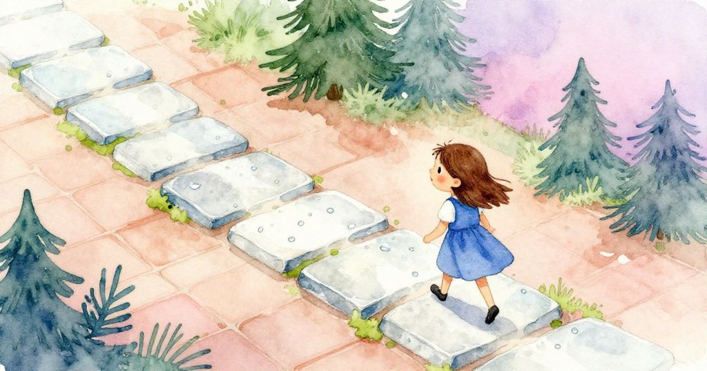 山姆沿著濕潤石磚摸索前行，手輕觸青苔滲透的瓦片，層次豐富背景中散發著自然細節與微妙光影。