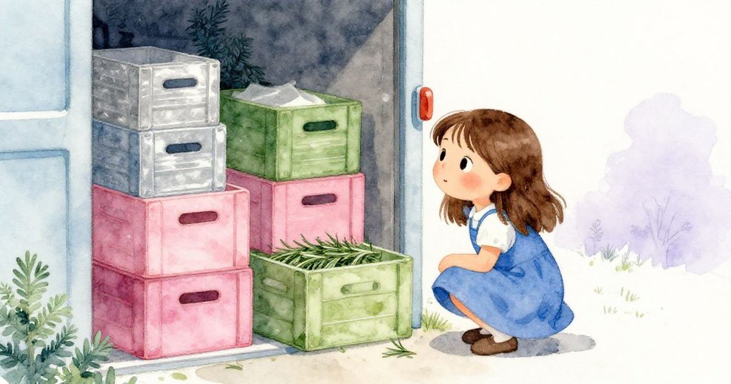 山姆蹲靠後門，撿起帶有迷迭香葉的箱子，細看窗台上斑駁痕跡，整體氛圍流露季節轉變之靜謐。