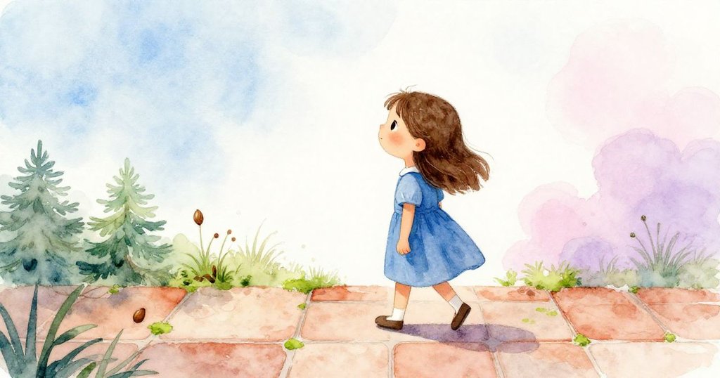 山姆斜背藍色背包，沿著綠苔陶瓦緩步遠離，眼神流露告別與期待，背光中種子輕響伴隨新旅程。