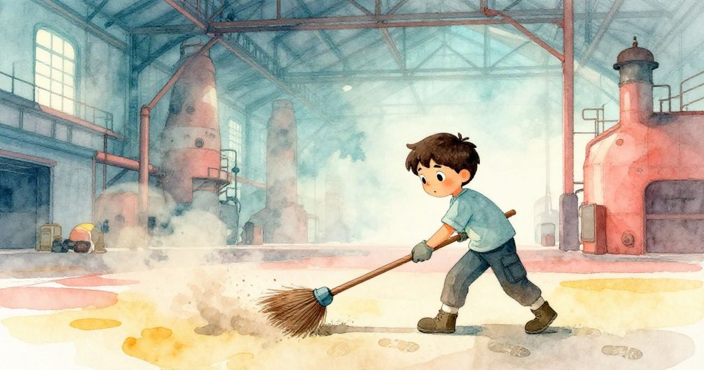 Bram在柔和晨霧中於工廠內拖著大掃帚，尋找閃耀如鏡的腳印，展現好奇與決心，場景廣闊溫暖。