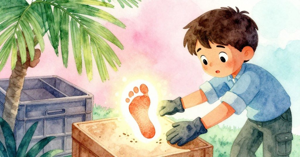 Bram蹲在移開的箱子旁，手輕觸剛印上的神秘腳印，仔細欣賞斑駁光暈與鋅粉殘留，充滿驚奇探索。