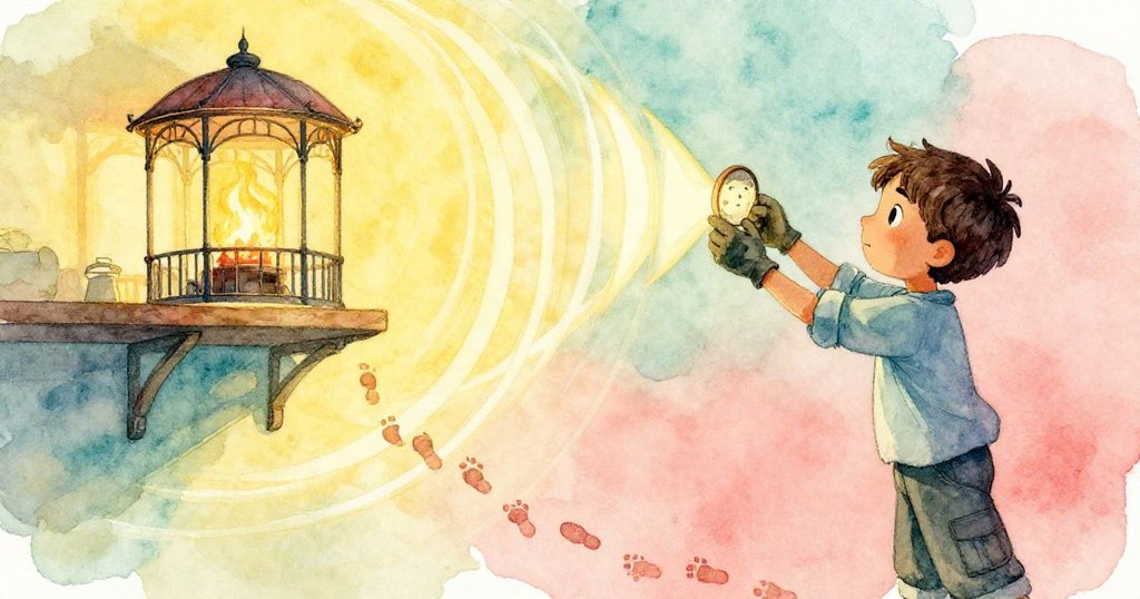 Bram在傾斜視角中調整高架上的鐵製涼亭模型，灶爐光映射出環繞的圓環與地上神秘腳印，場景充滿動感。