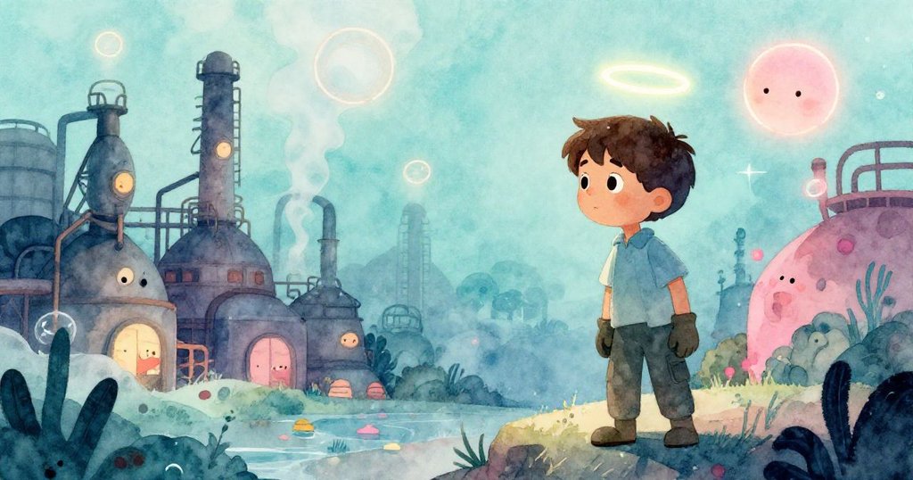 工廠中漂浮的發光圓環與斑駁光暈彷彿置身水中，蒸氣朦朧營造夢幻意境，Bram在背景中靜觀神奇變化。