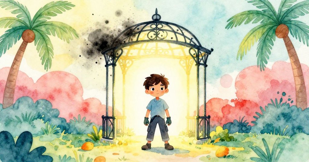 Bram將石墨碎片收入懷中，背對著發光的石墨圓環形成的拱門，堅定面向新道路，象徵勇敢踏上冒險旅程。