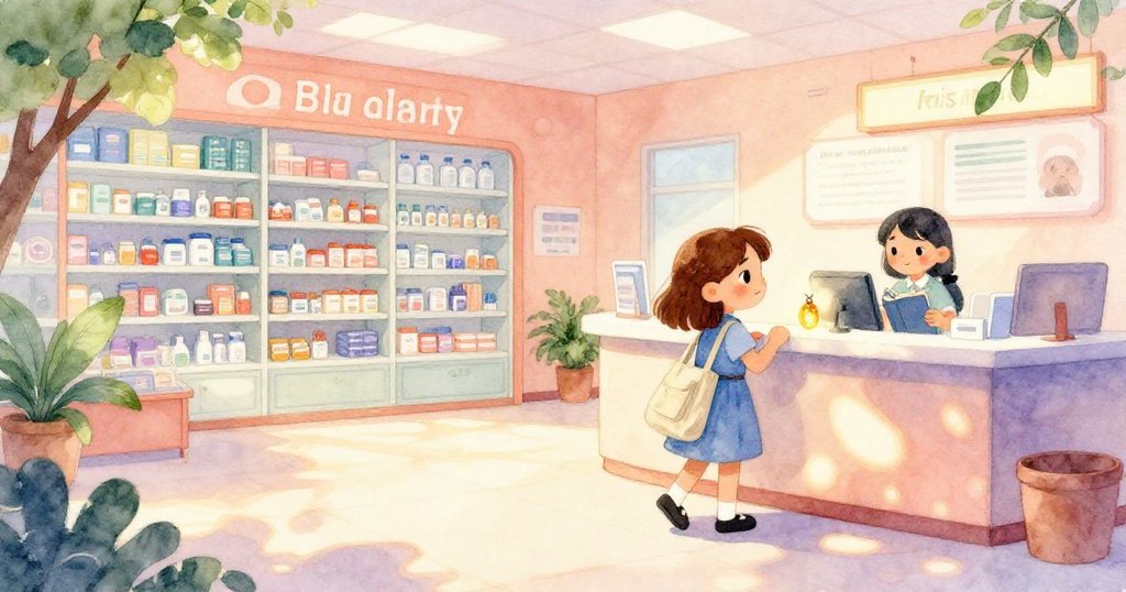 Iris 穿著藍衣，手提畫布包與文件，走進晨光中的現代藥局接待區，背景隱約見到城市天際線，神情充滿期待。