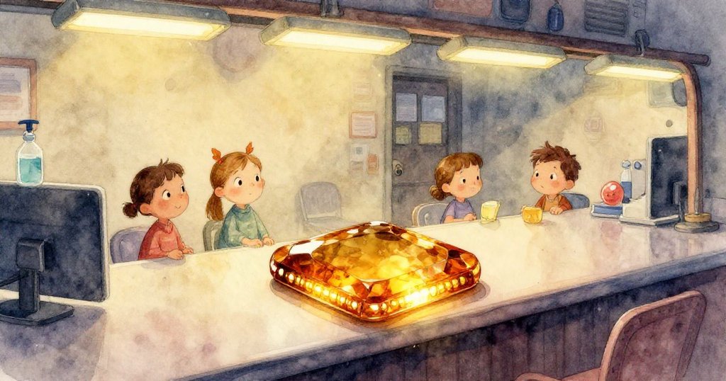 藥局接待台上的琥珀色方形牌極近鏡頭展示其細節，邊緣透出蜂蜜光芒與微小金屬觸點，光影細膩。