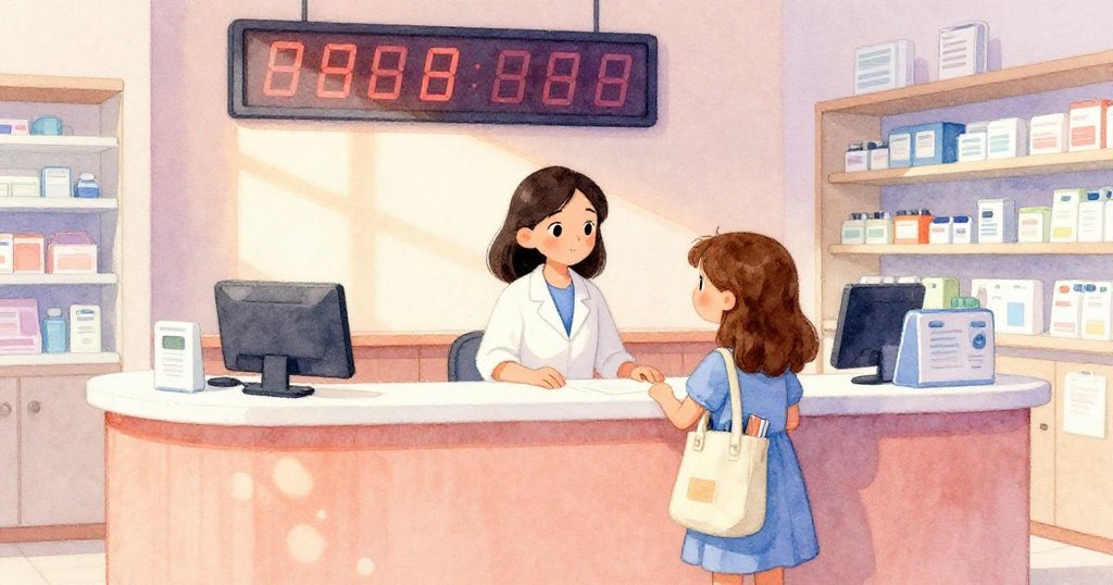 Iris 在藥局內專注修改表格，背景中數字板閃爍變換，溫暖燈光映襯出時間流逝的氛圍，情緒平靜。