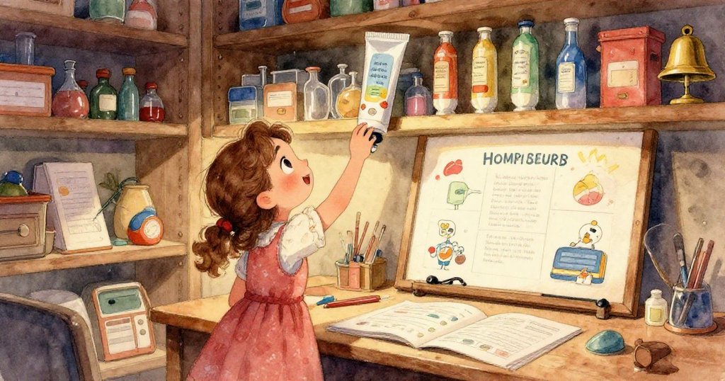 露莎在儲藏室中輕觸鋼灰色的直尺和透明罐子，細膩展示了線條痕跡與物件質感，場景充滿學院氣息。