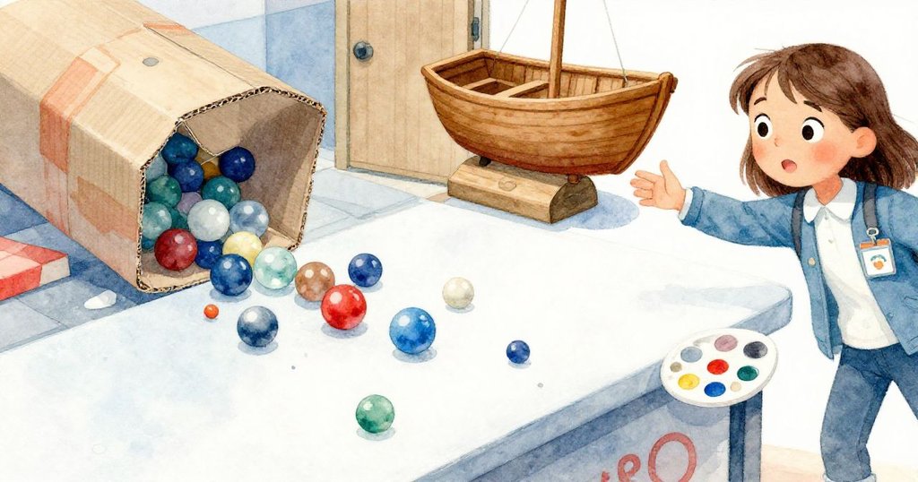 露莎正急速動作中，桌上彈起五彩彈珠，紙板港口傾斜，小木船彈出，整個場景呈現動態傾斜視角與緊張氣氛。