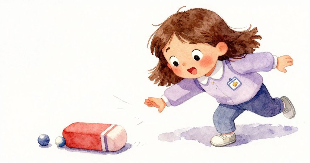 露莎急速衝向地上的橡皮擦，阻止彈珠滾動，她神情驚喜且釋然，近距離展現出情感與細膩動作。