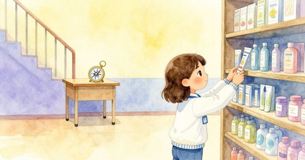 露莎輕柔地將海報筒安置於高架上，背景中一支指南針靜靜旋轉，場景呈現出平靜與新開始的氛圍。