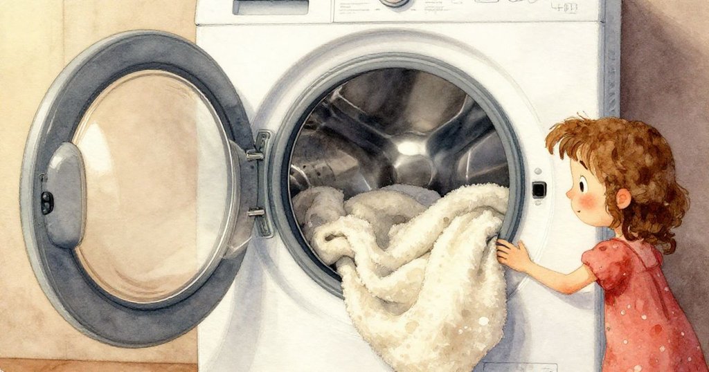 琪琪伸出手按下洗衣機的啟動鍵，手中充滿決心，背景呈現溫暖家居風格。