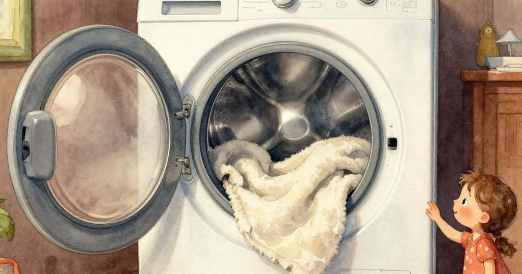洗衣機溢出泡沫水流，一旁薄荷盆顫抖散落泥土，細小昆蟲飄動，展現家中忙碌與細節。