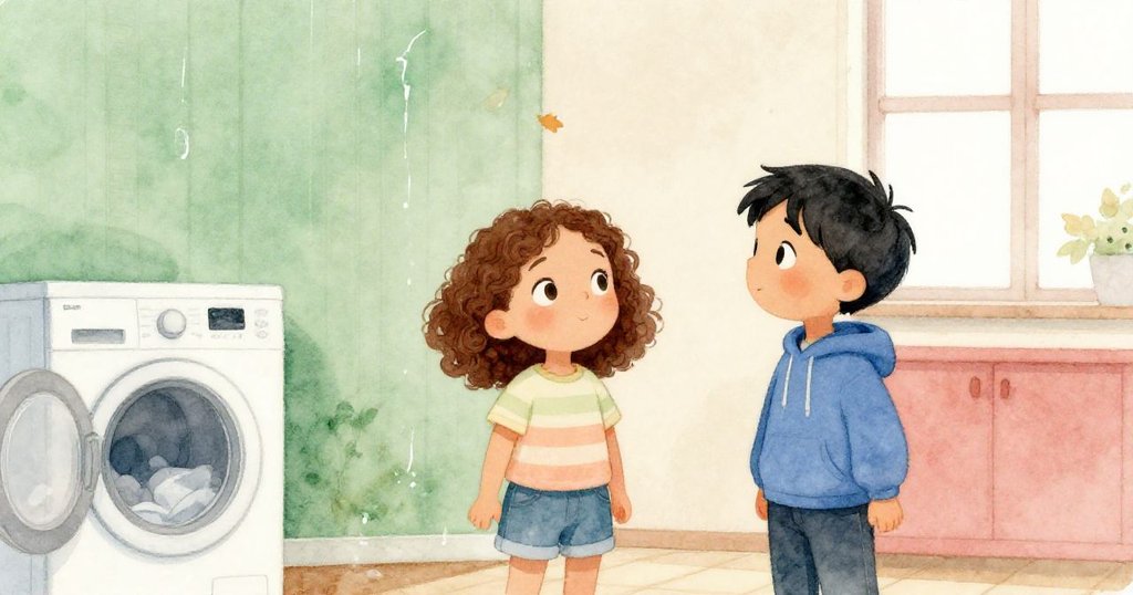 琪琪與科爾好奇地望向牆上褪色的綠野海報，窗邊零星落葉散發秋意，溫暖光線營造舒適氛圍。