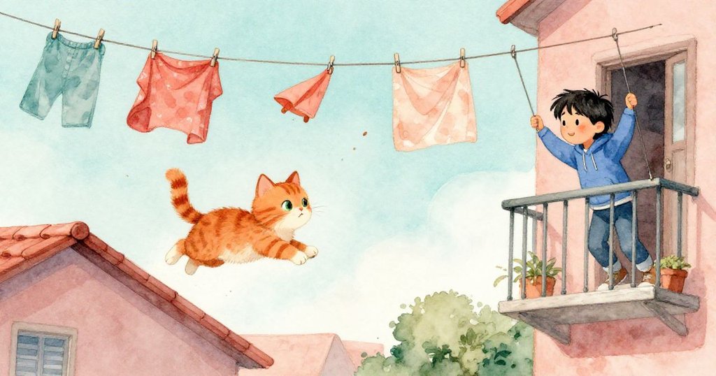 小貓驚跳追逐搖晃的晾衣繩，科爾奮力合上陽台門，布夾飛舞，營造熱鬧追逐情景。