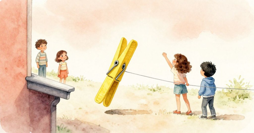 黃色布夾沿著晾衣繩旋轉飛向遠處水槽，琪琪與科爾在背景注目，面露驚奇與寧靜滿足。