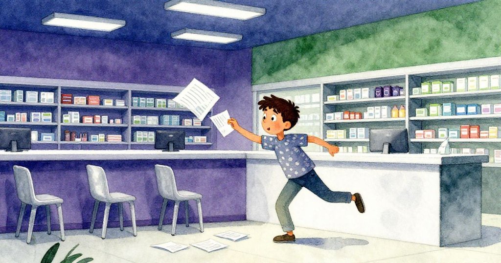 布拉姆在室內藥局走廊急奔,文件掉落散亂,背景有塑膠椅和螢光燈,神情專注。