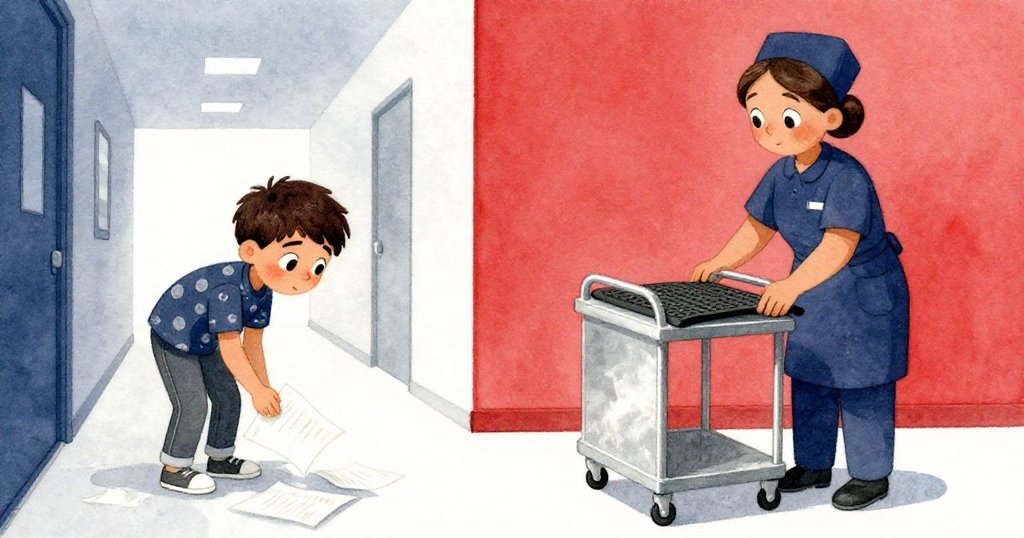 一邊布拉姆急忙收集濕紙,一邊護士推車放墊,室內藥局分屏呈現混亂與干預並存。