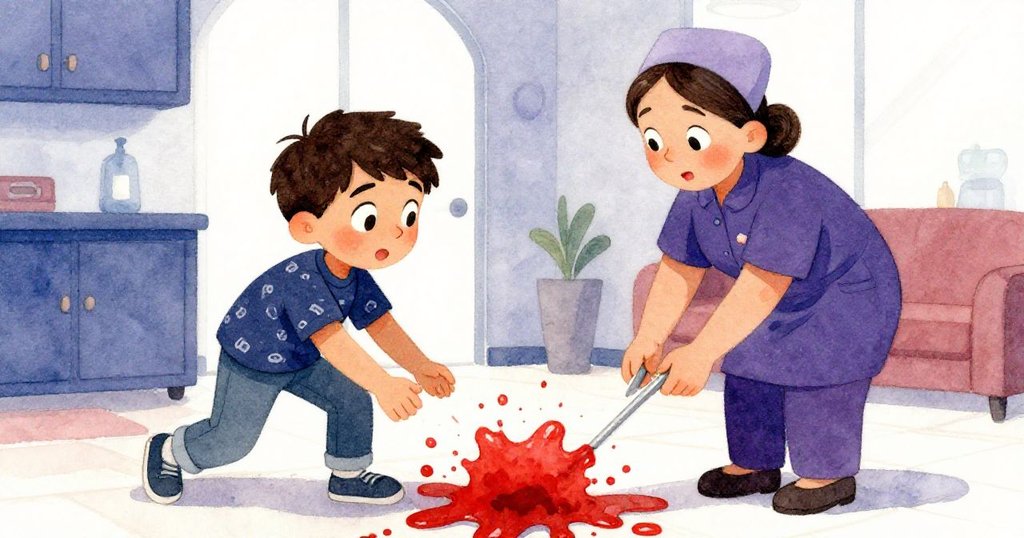 布拉姆與護士聯手處理溢水,互相扶持與凝視,室內現代走廊中呈現緊張轉化溫暖瞬間。