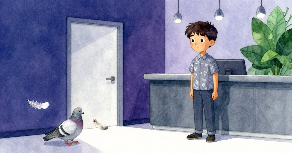 室內接待區中,一隻鴿子靠近門邊,羽毛緩緩飄落,布拉姆平靜注視,展現從混亂到寧靜的轉變。