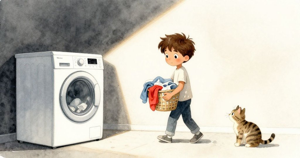 Troy帶著濕衣籃進入昏暗洗衣房,條紋貓在旁好奇觀看,水滴落下營造出神秘又溫暖的氣氛。