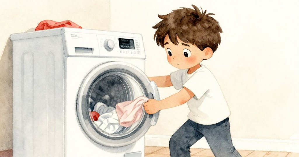 低角度視角下,Troy正專注將濕衣投入洗衣機,表情堅定勇敢,背景展示出昏黃燈光下的家居機械細節。