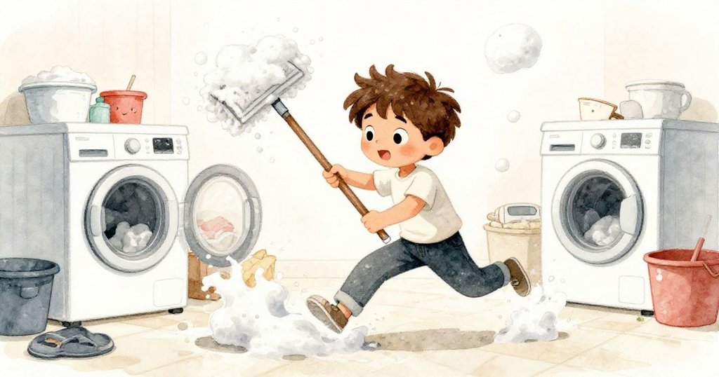 Troy急奔去取懸掛拖把,泡沫亂舞四起,水花飛濺充滿動感與活力,場面充滿緊湊與生氣。