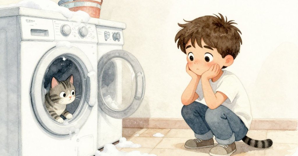 Troy與條紋貓於寧靜洗衣房中凝視餘泡與水滴,表情沉思柔和,結局留白引發無限想像。