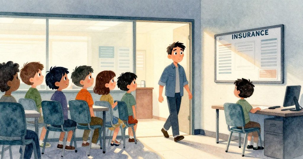 Cal走進現代辦公室，清晨光線灑入寬敞大廳，他充滿期待與輕微緊張，背景排隊與公告板呈現辦公室情景。