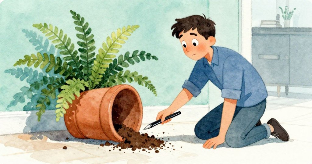 Cal彎腰撿起從口袋滑出的筆，筆在盆栽蕨葉下滾動，陶土散落於地面，現場充滿動感與細節。