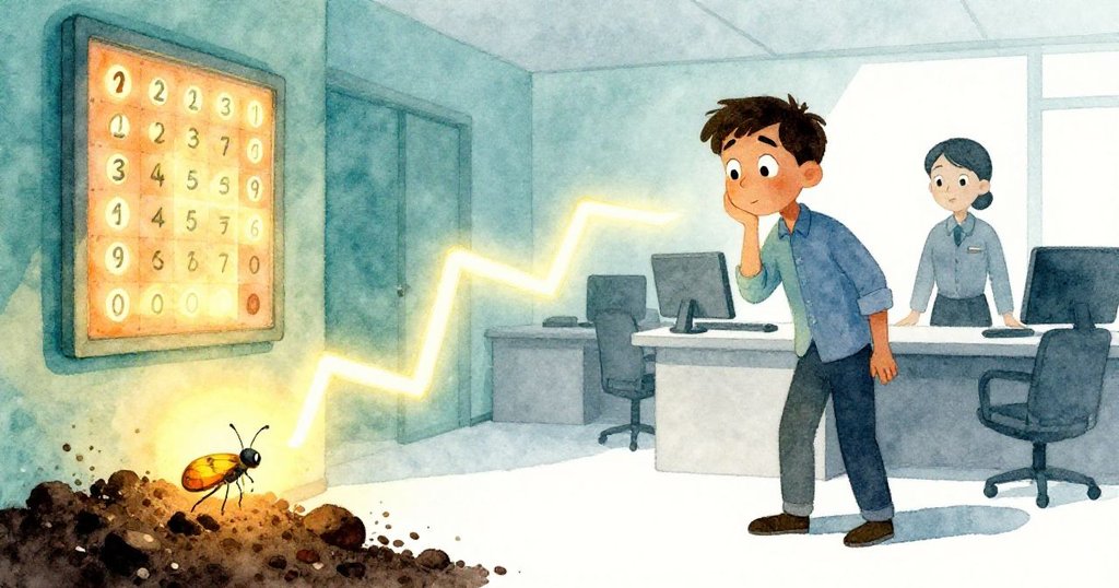 隱藏的螢火蟲自散落泥土中閃爍出微光，向發光數字牌飛去，店員短暫分神，Cal露出驚奇表情觀察奇景。