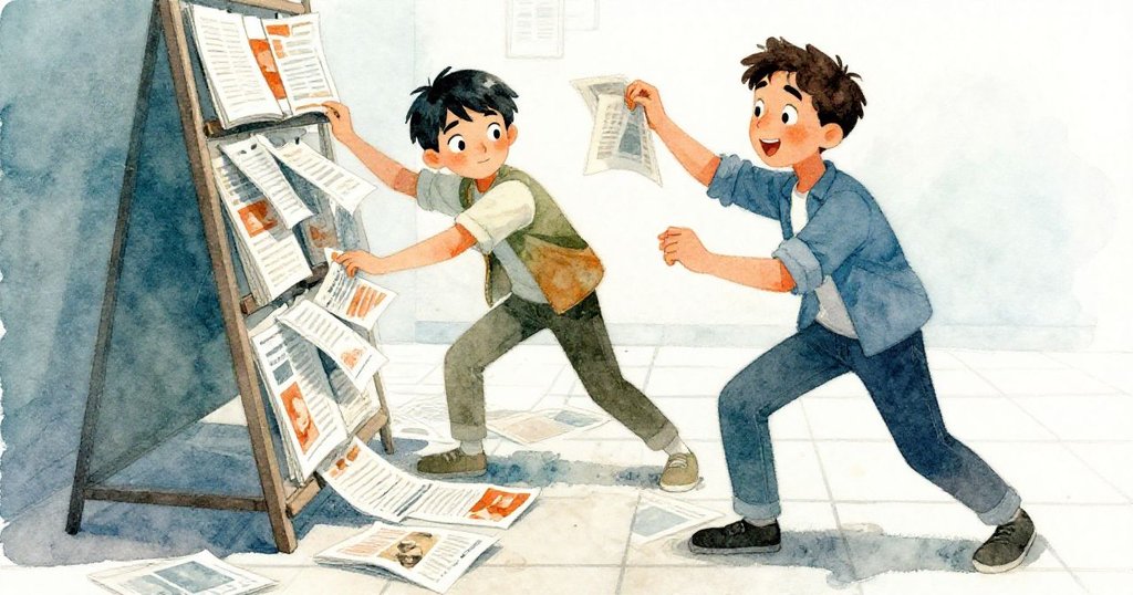 少年不小心撞倒雜誌架，光滑雜誌在地散開，Cal忙著撿拾物品，現場充滿動態與緊張氛圍。